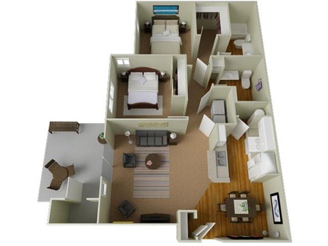 River House Apartments Spokane Valley, Washington Two Bedroom Two Bath 3D Floor Plans